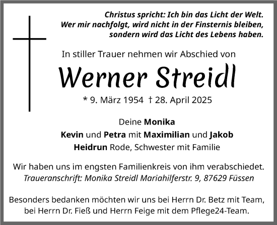 Traueranzeige von Werner Streidl von Allgäuer Zeitung, Füssen