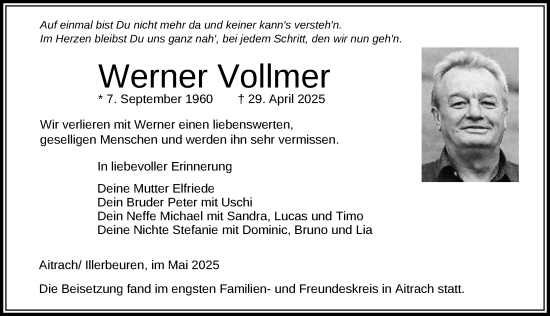 Traueranzeige von Werner Vollmer von Memminger Zeitung