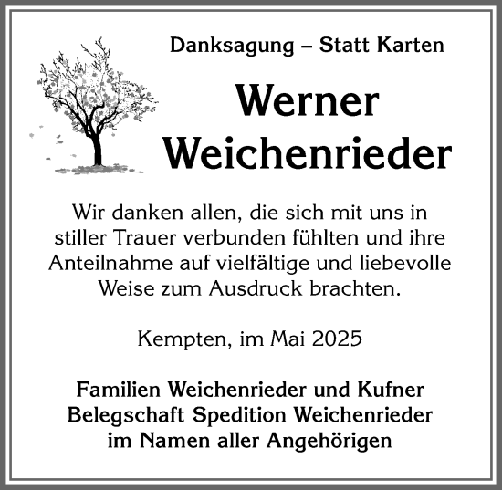 Traueranzeige von Werner Weichenrieder von Allgäuer Zeitung,Kempten