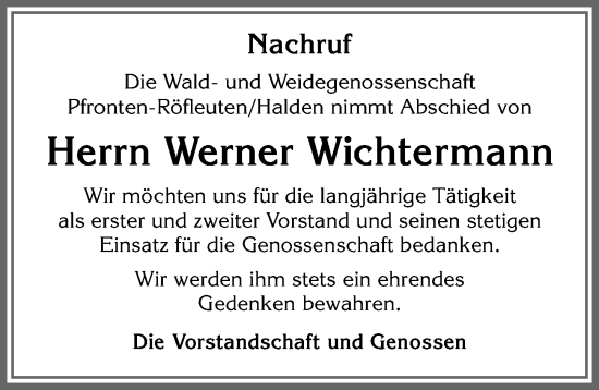 Traueranzeige von Werner Wichtermann von Allgäuer Zeitung, Füssen
