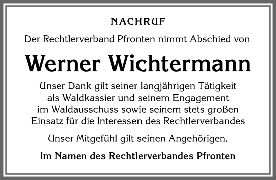 Traueranzeige von Werner Wichtermann von Allgäuer Zeitung, Füssen