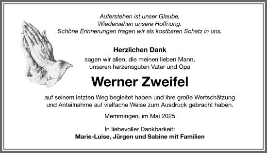 Traueranzeige von Werner Zweifel von Memminger Zeitung