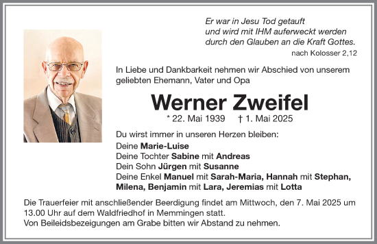 Traueranzeige von Werner Zweifel von Memminger Zeitung
