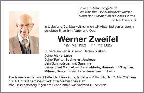 Traueranzeige von Werner Zweifel von Memminger Zeitung