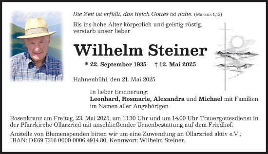 Traueranzeige von Wilhelm Steiner von Memminger Zeitung