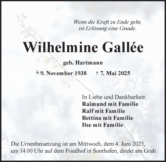 Traueranzeige von Wilhelmine Gallée von Allgäuer Anzeigeblatt