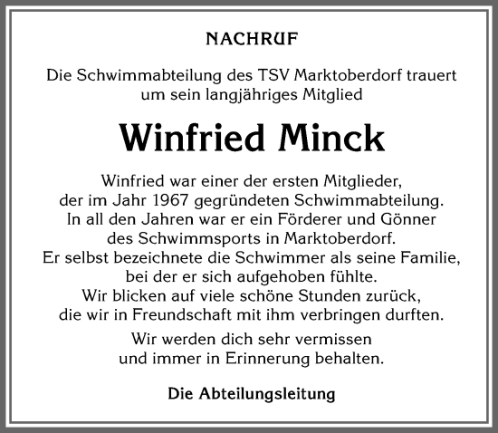 Traueranzeige von Winfried Minck von Allgäuer Zeitung, Marktoberdorf