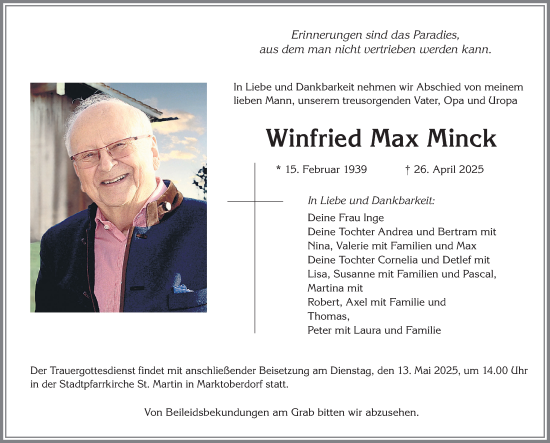 Traueranzeige von Winfried Max Minck von Allgäuer Zeitung, Marktoberdorf