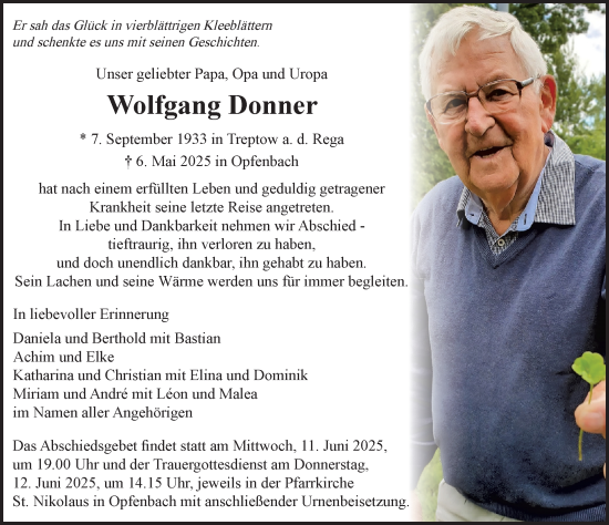 Traueranzeige von Wolfgang Donner von Der Westallgäuer