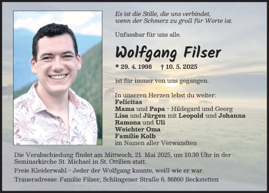 Traueranzeige von Wolfgang Filser von Mindelheimer Zeitung, Augsburger Allgemeine
