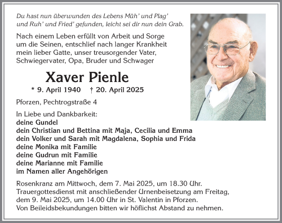 Traueranzeige von Xaver Pienle von Allgäuer Zeitung, Kaufbeuren/Buchloe