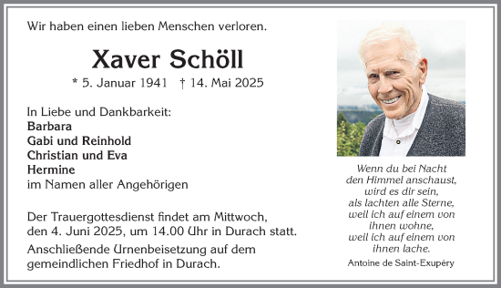 Traueranzeige von Xaver Schöll von Allgäuer Zeitung,Kempten