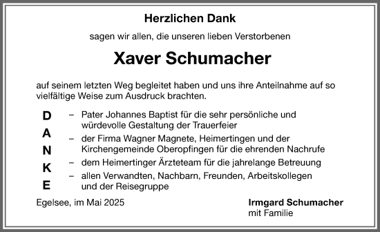 Traueranzeige von Xaver Schumacher von Memminger Zeitung
