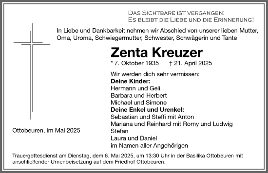 Traueranzeige von Zenta Kreuzer von Memminger Zeitung