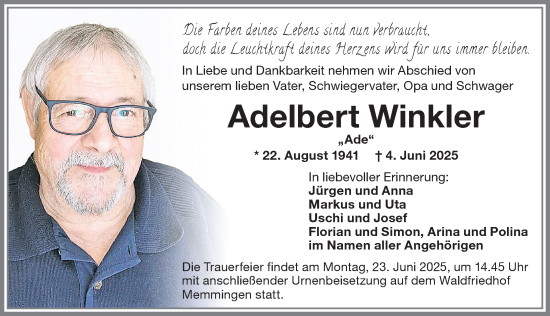 Traueranzeige von Adelbert Winkler von Memminger Zeitung
