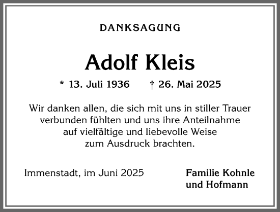 Traueranzeige von Adolf Kleis von Allgäuer Anzeigeblatt