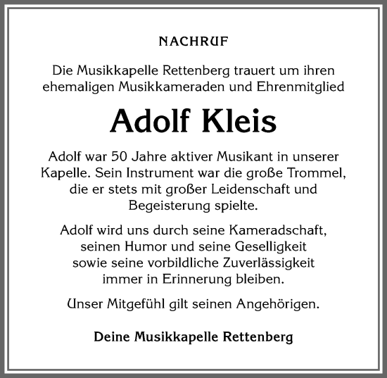 Traueranzeige von Adolf Kleis von Allgäuer Anzeigeblatt