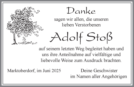 Traueranzeige von Adolf Stoß von Allgäuer Zeitung, Kaufbeuren/Buchloe