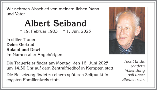 Traueranzeige von Albert Seiband von Allgäuer Zeitung,Kempten