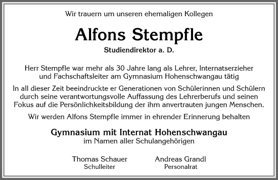 Traueranzeige von Alfons Stempfle von Allgäuer Zeitung, Füssen