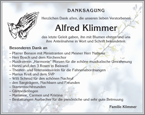 Traueranzeige von Alfred Klimmer von Allgäuer Zeitung, Kaufbeuren/Buchloe