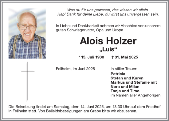 Traueranzeige von Alois Holzer von Memminger Zeitung