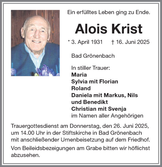 Traueranzeige von Alois Krist von Memminger Zeitung