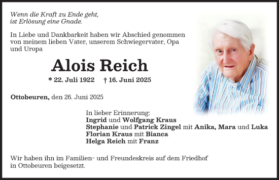 Traueranzeige von Alois Reich von Memminger Zeitung