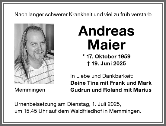 Traueranzeige von Andreas Maier von Memminger Zeitung
