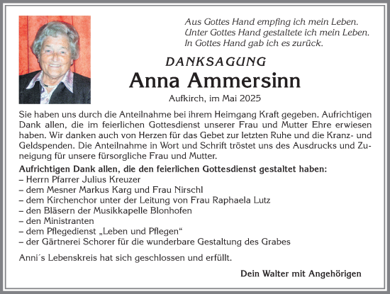 Traueranzeige von Anna Ammersinn von Allgäuer Zeitung, Kaufbeuren/Buchloe