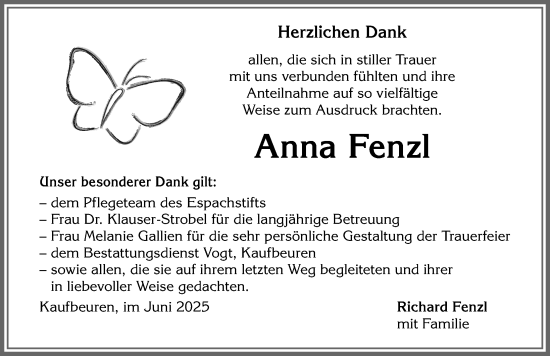 Traueranzeige von Anna Fenzl von Allgäuer Zeitung, Kaufbeuren/Buchloe