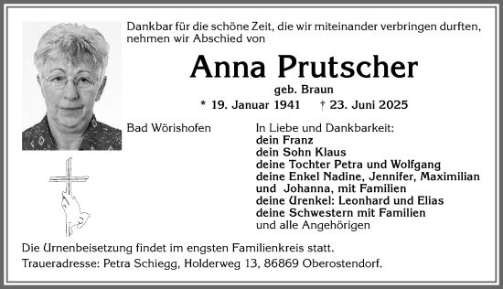 Traueranzeige von Anna Prutscher von Allgäuer Zeitung, Kaufbeuren/Buchloe
