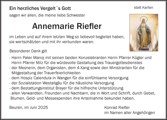 Traueranzeige von Annemarie Riefler von Der Westallgäuer