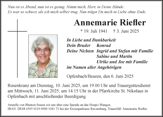 Traueranzeige von Annemarie Riefler von Der Westallgäuer