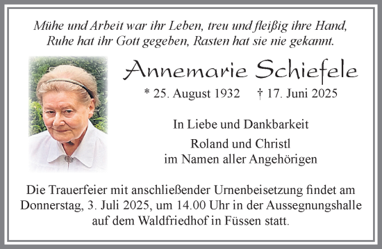 Traueranzeige von Annemarie Schiefele von Allgäuer Zeitung, Füssen