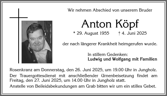 Traueranzeige von Anton Köpf von Allgäuer Anzeigeblatt