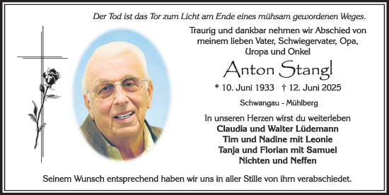 Traueranzeige von Anton Stangl von Allgäuer Zeitung, Füssen