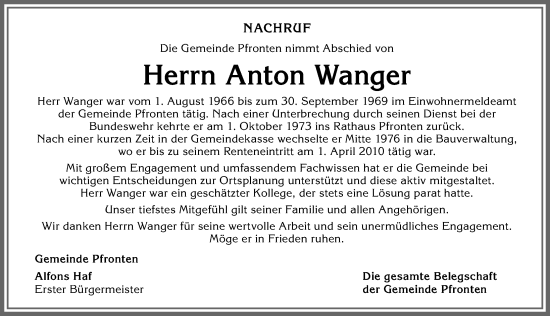 Traueranzeige von Anton Wanger von Allgäuer Zeitung, Füssen