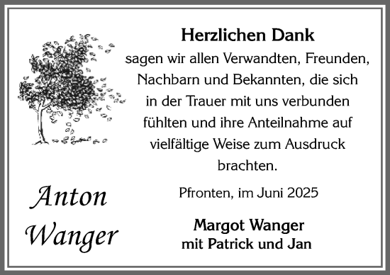 Traueranzeige von Anton Wanger von Allgäuer Zeitung, Füssen
