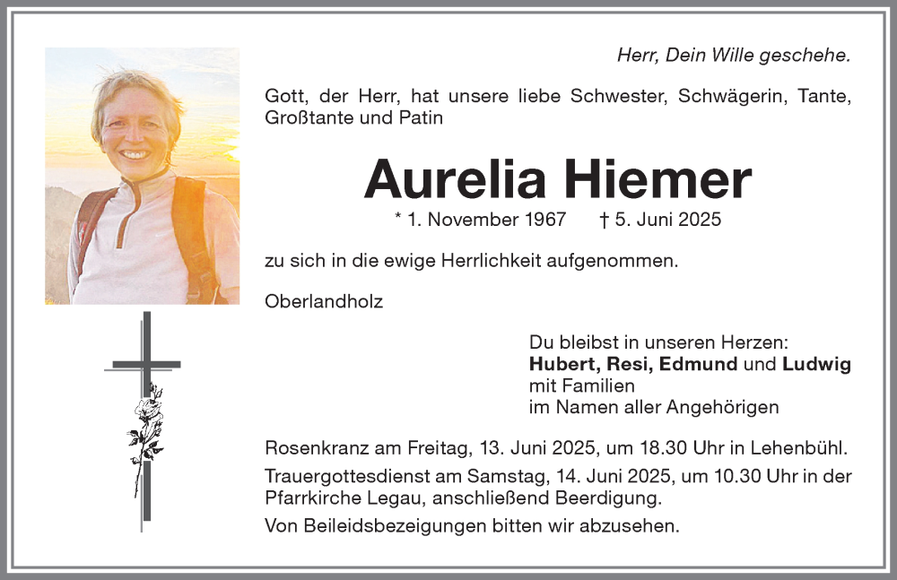  Traueranzeige für Aurelia Hiemer vom 11.06.2025 aus Memminger Zeitung
