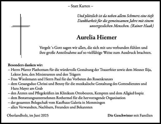 Traueranzeige von Aurelia Hiemer von Memminger Zeitung