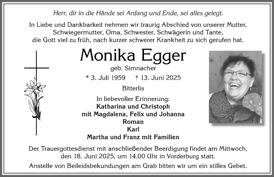 Traueranzeige von Monika Egger von  AZ Immenstadt