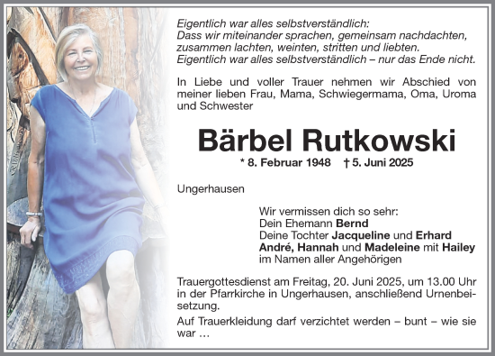 Traueranzeige von Bärbel Rutkowski von Memminger Zeitung