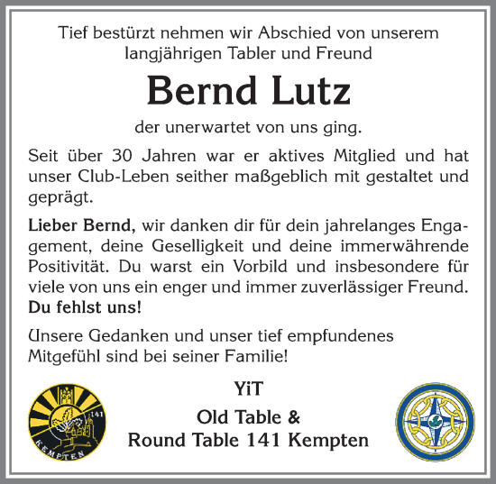 Traueranzeige von Bernd Lutz von Allgäuer Zeitung,Kempten