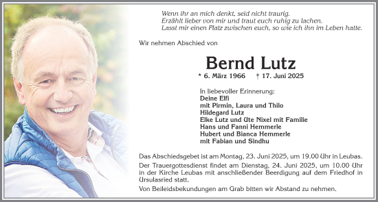 Traueranzeige von Bernd Lutz von Allgäuer Zeitung,Kempten