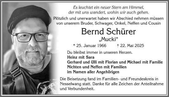 Traueranzeige von Bernd Schürer von Allgäuer Zeitung, Füssen