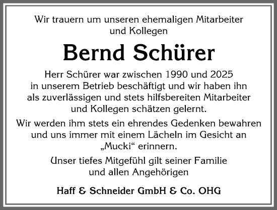 Traueranzeige von Bernd Schürer von Allgäuer Zeitung, Füssen