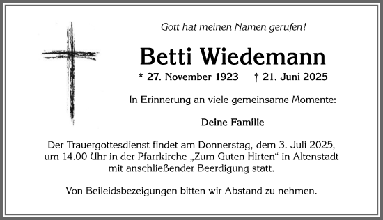 Traueranzeige von Betti Wiedemann von Allgäuer Zeitung, Marktoberdorf