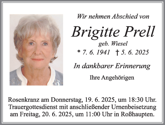 Traueranzeige von Brigitte Prell von Allgäuer Zeitung, Füssen