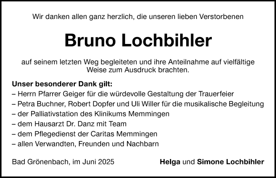 Traueranzeige von Bruno Lochbihler von Memminger Zeitung